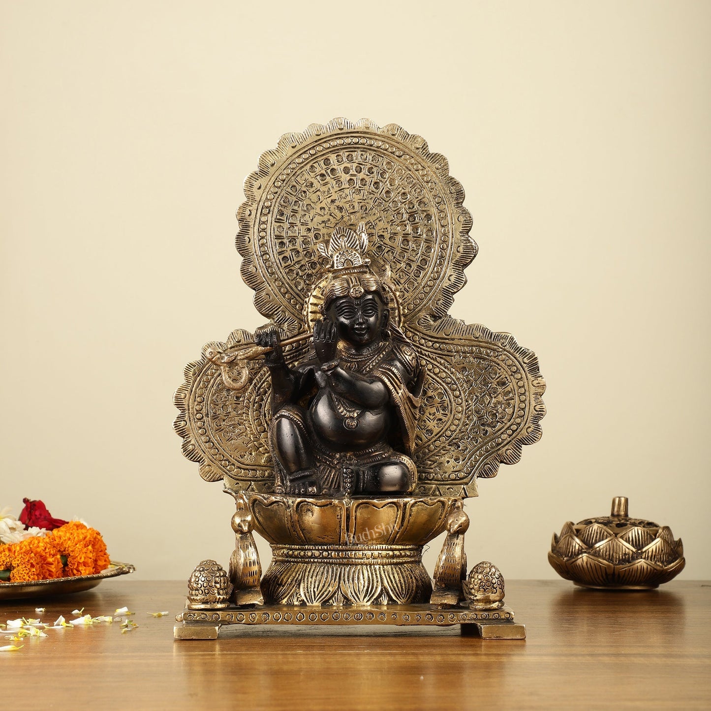 Pure Brass Baal Krishna with Peacocks Idol 11 inch