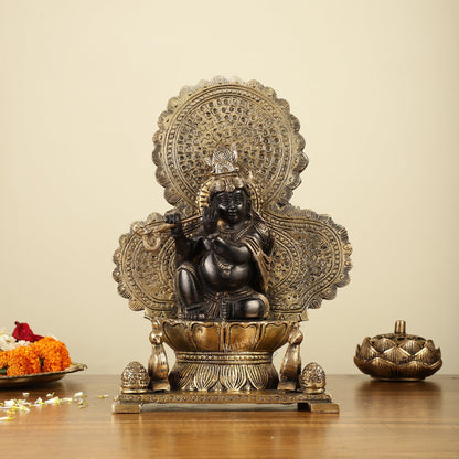 Pure Brass Baal Krishna with Peacocks Idol 11 inch