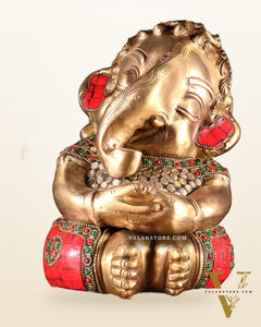 Pure Brass Baby Ganesha in Meditation with Natural Stones – 9"