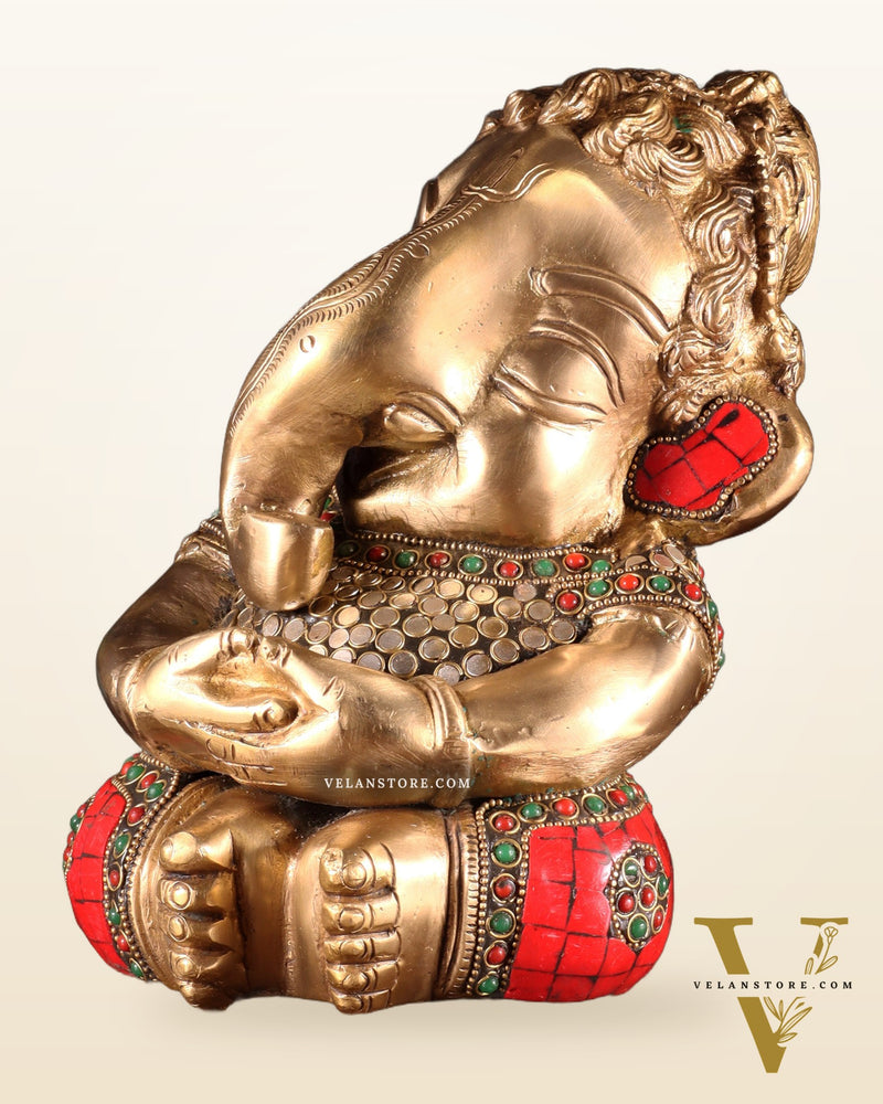 Pure Brass Baby Ganesha in Meditation with Natural Stones – 9"