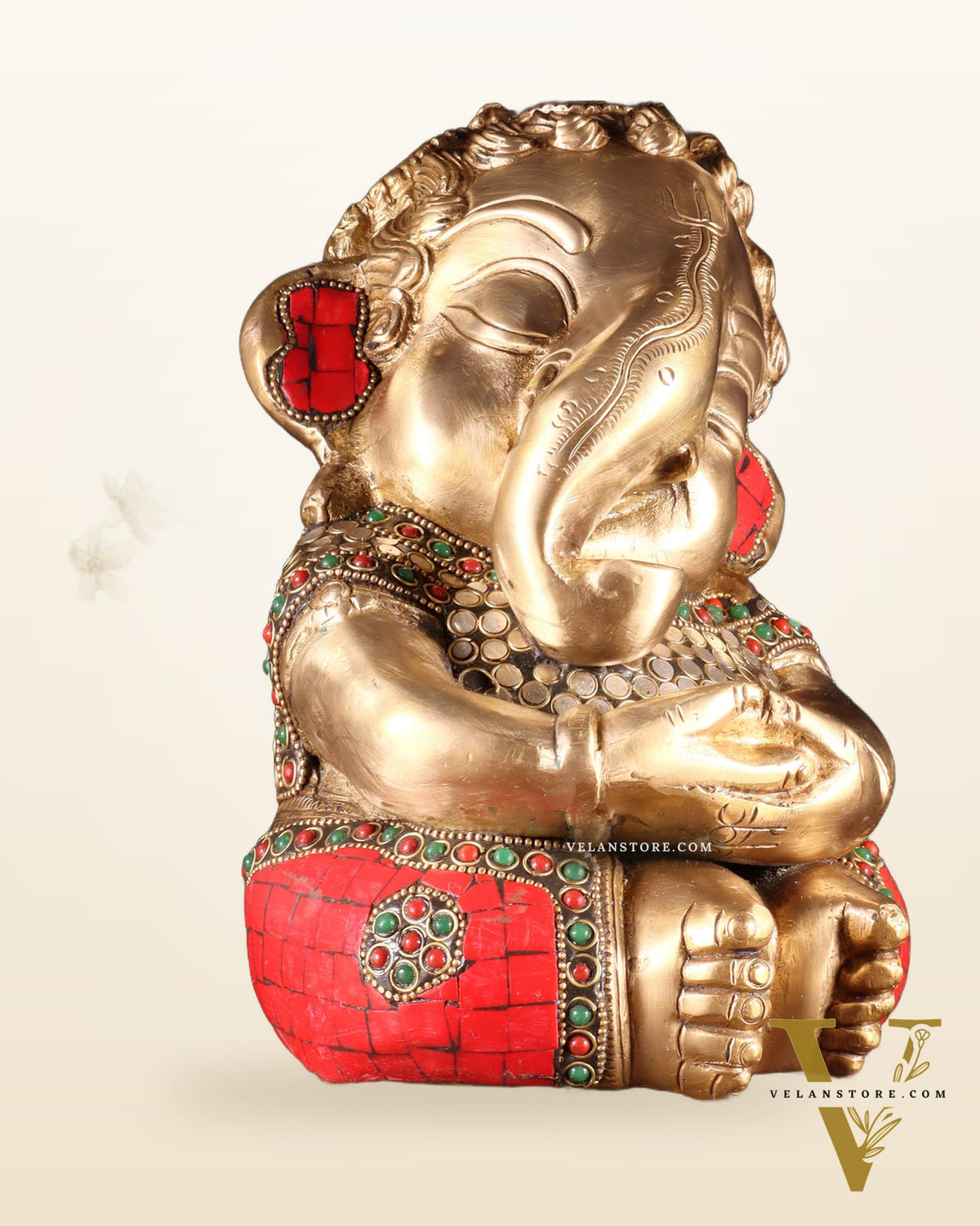 Pure Brass Baby Ganesha in Meditation with Natural Stones – 9"
