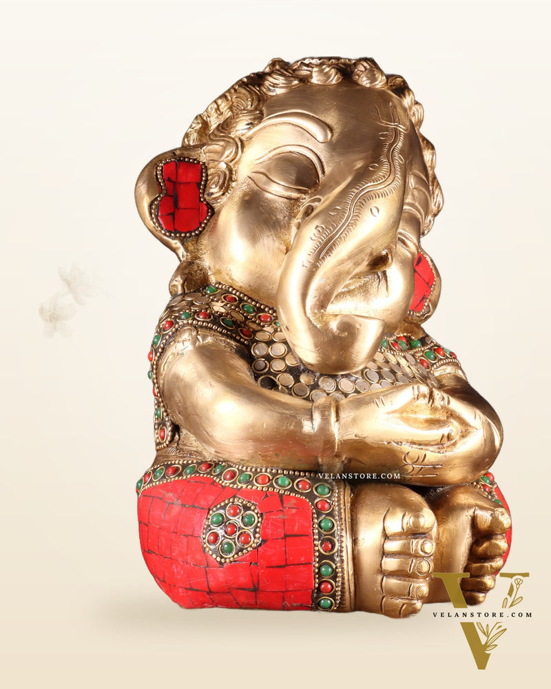 Pure Brass Baby Ganesha in Meditation with Natural Stones – 9"