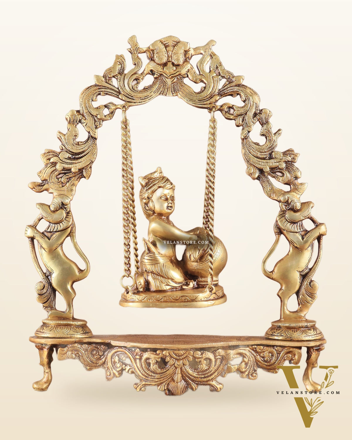 Pure Brass Baby Krishna as Bal Gopal Makhan Chor on an Elegant Kirtimukha Swing 18"