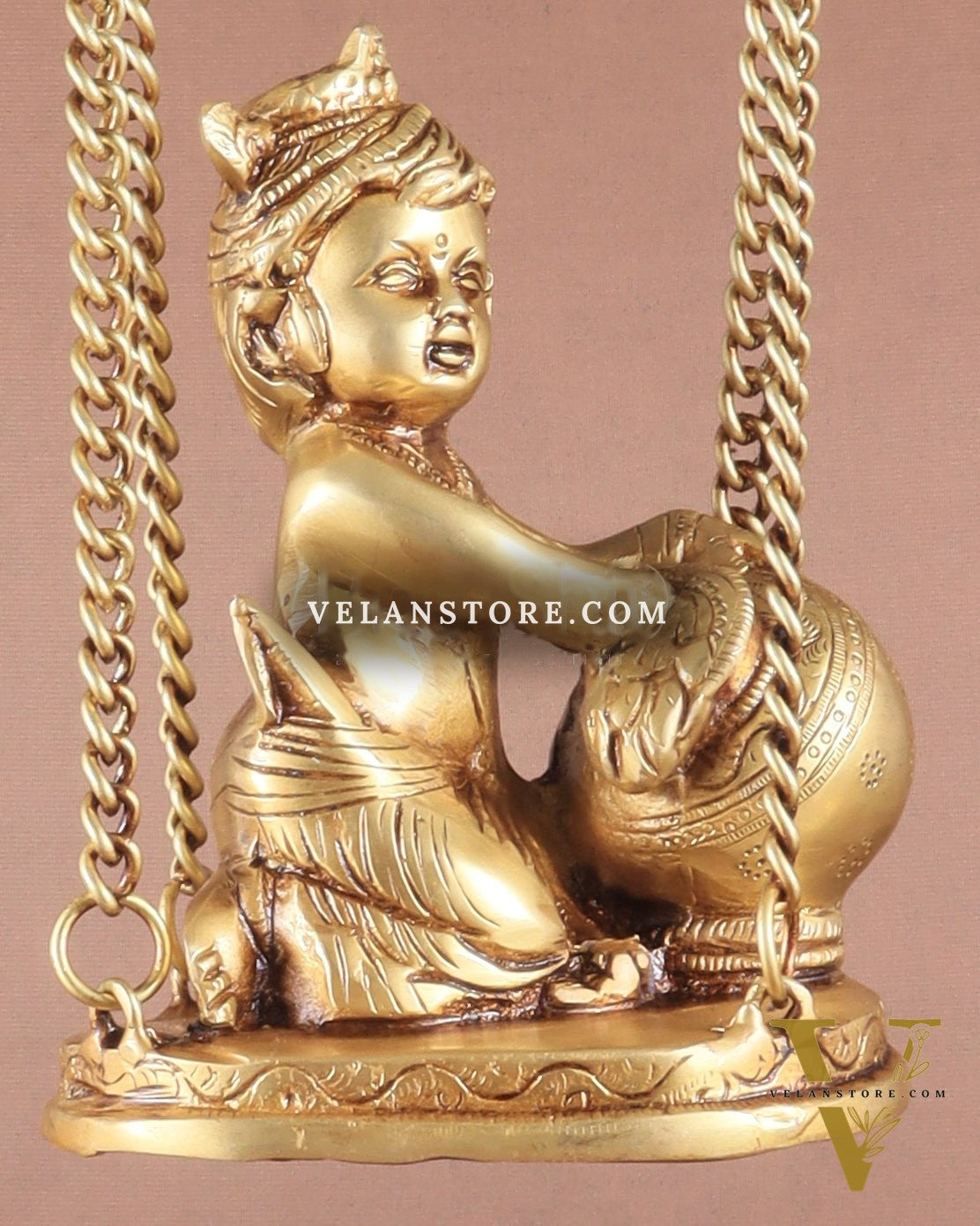 Pure Brass Baby Krishna as Bal Gopal Makhan Chor on an Elegant Kirtimukha Swing 18"