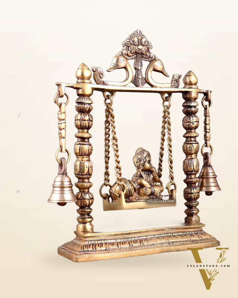 Pure Brass baby krishna bal gopal makhan chor Swing Hanging Bells | 10 Inch |