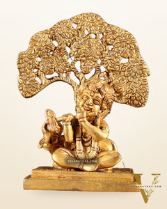 Pure Brass Baby Krishna with Cow under Kalpavriksha Tree – 5.5"