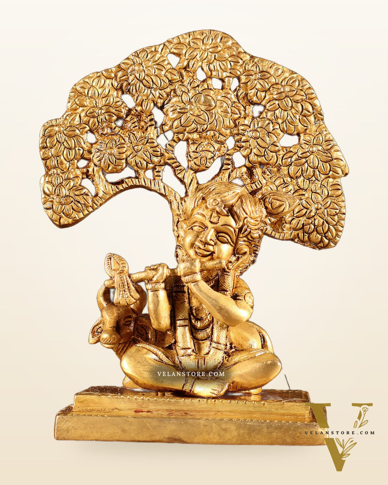 Pure Brass Baby Krishna with Cow under Kalpavriksha Tree – 5.5"