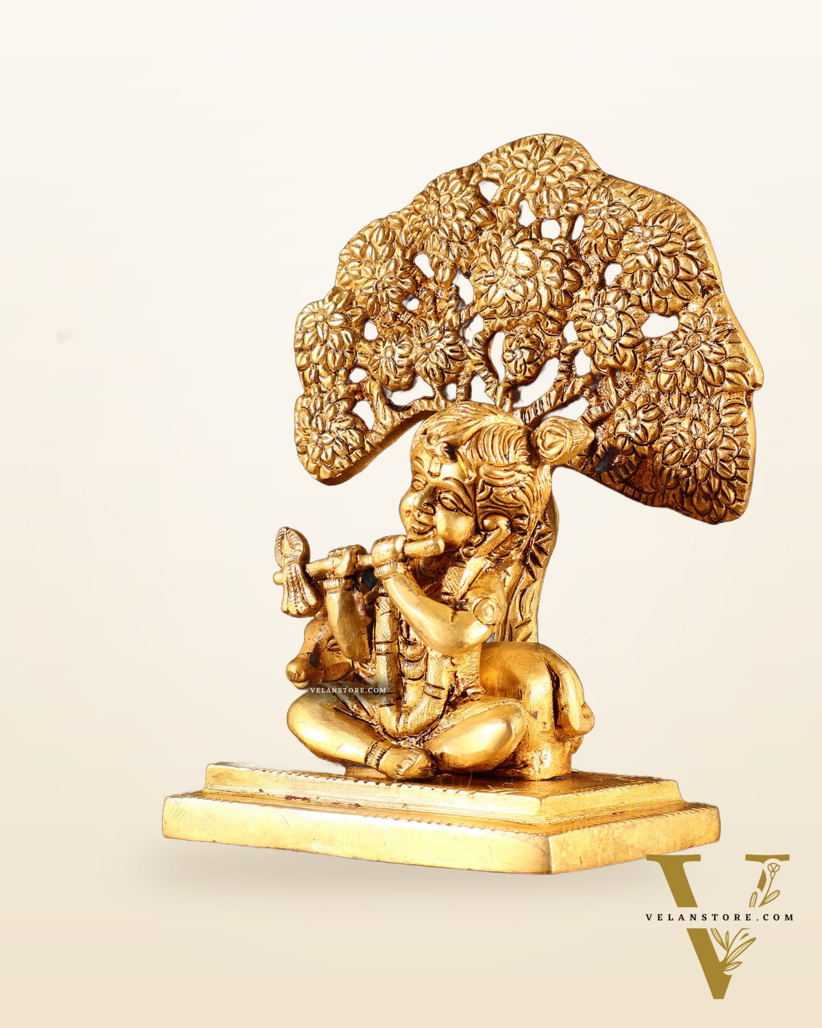 Pure Brass Baby Krishna with Cow under Kalpavriksha Tree – 5.5"