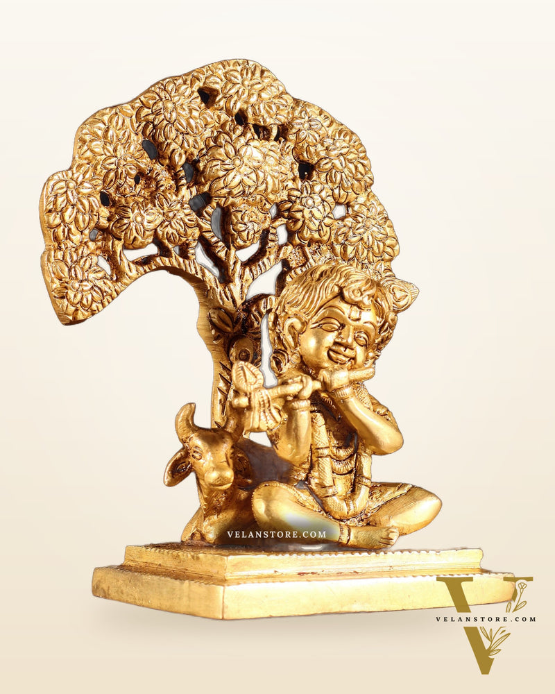Pure Brass Baby Krishna with Cow under Kalpavriksha Tree – 5.5"