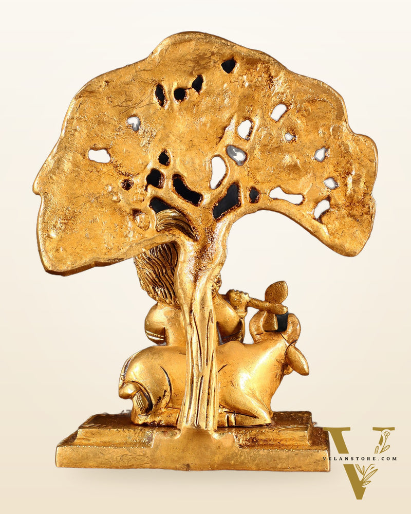 Pure Brass Baby Krishna with Cow under Kalpavriksha Tree – 5.5"