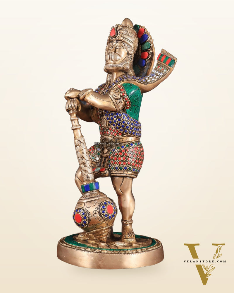 Pure Brass Bahubali Hanuman Standing Large Statue 14" with stonework