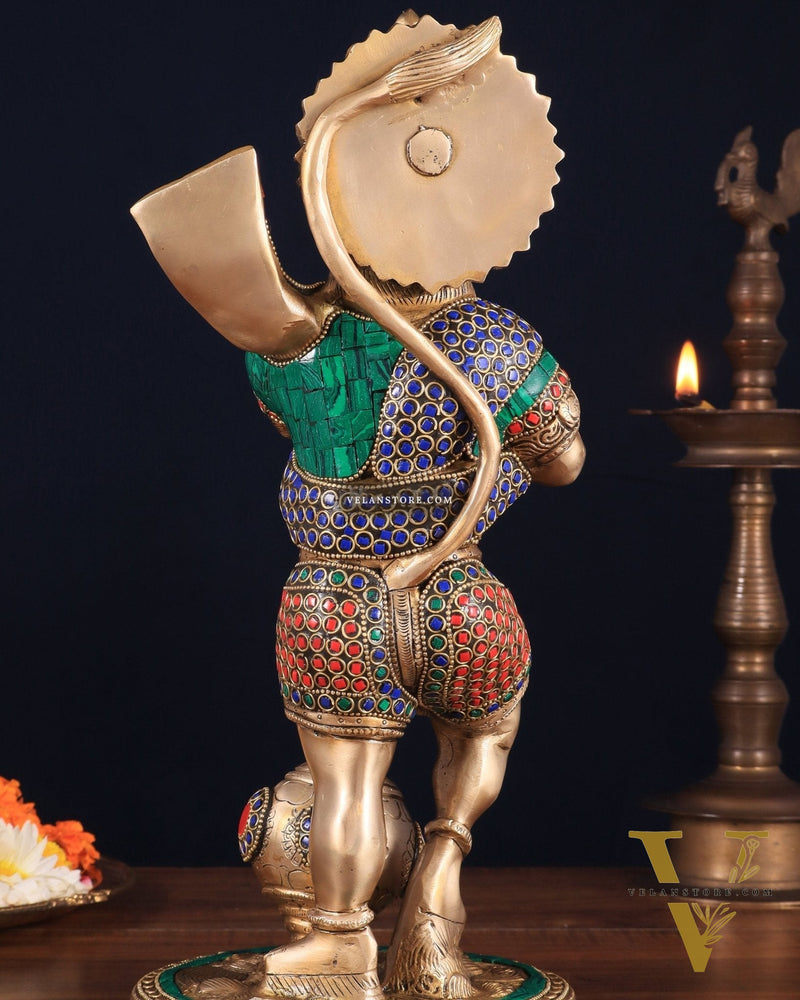 Pure Brass Bahubali Hanuman Standing Large Statue 14" with stonework