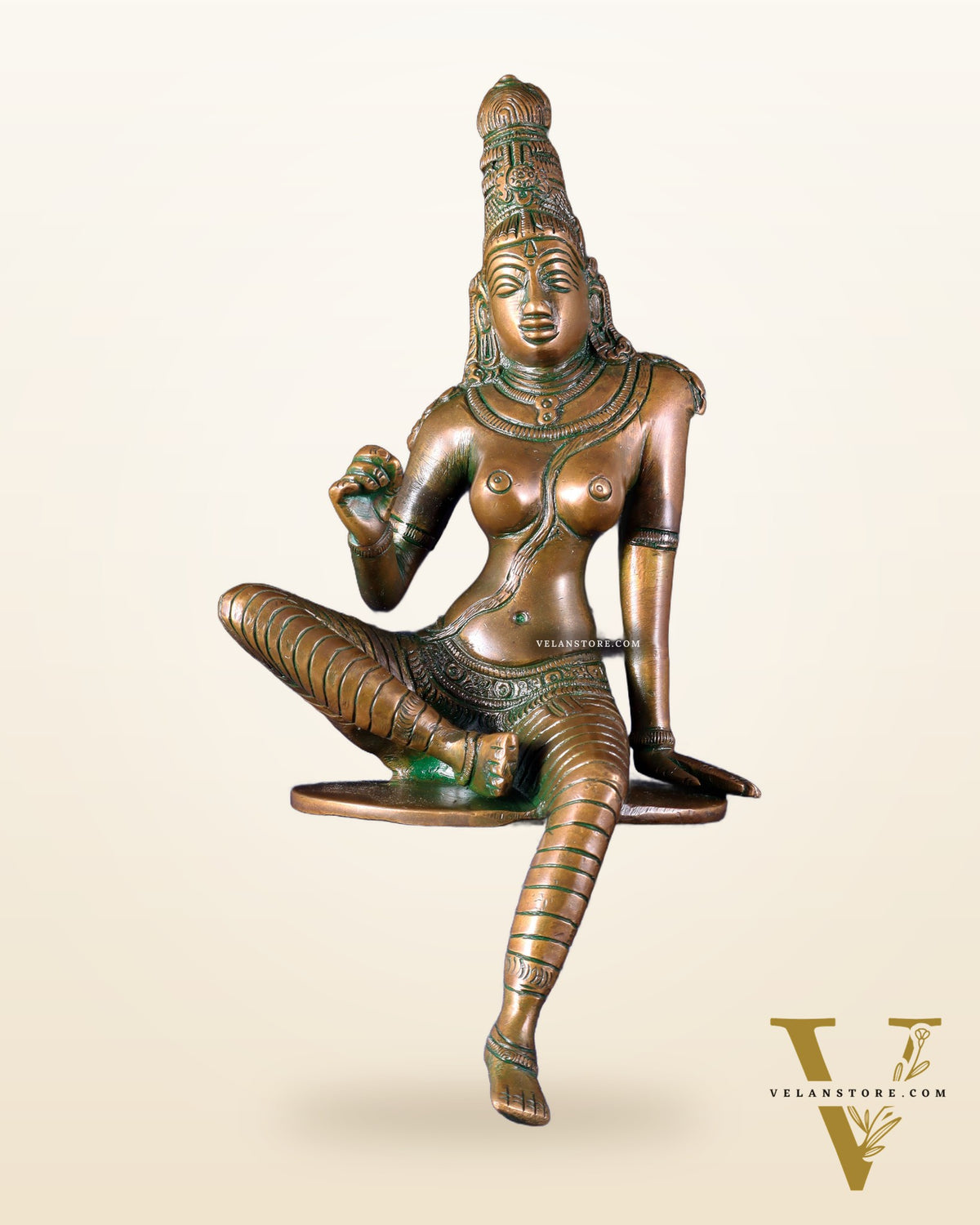 Pure Brass Bhoga Shakti Goddess Uma Parvati Sculpture – Chola Style (Without Base) 9.3"