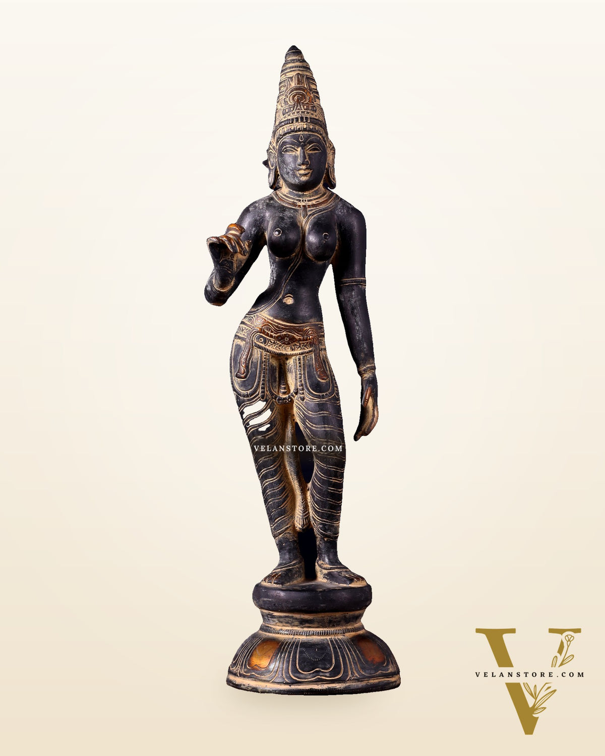 Pure Brass Bhoga Shakti Standing Uma Parvati Idol 18 inch antique patina