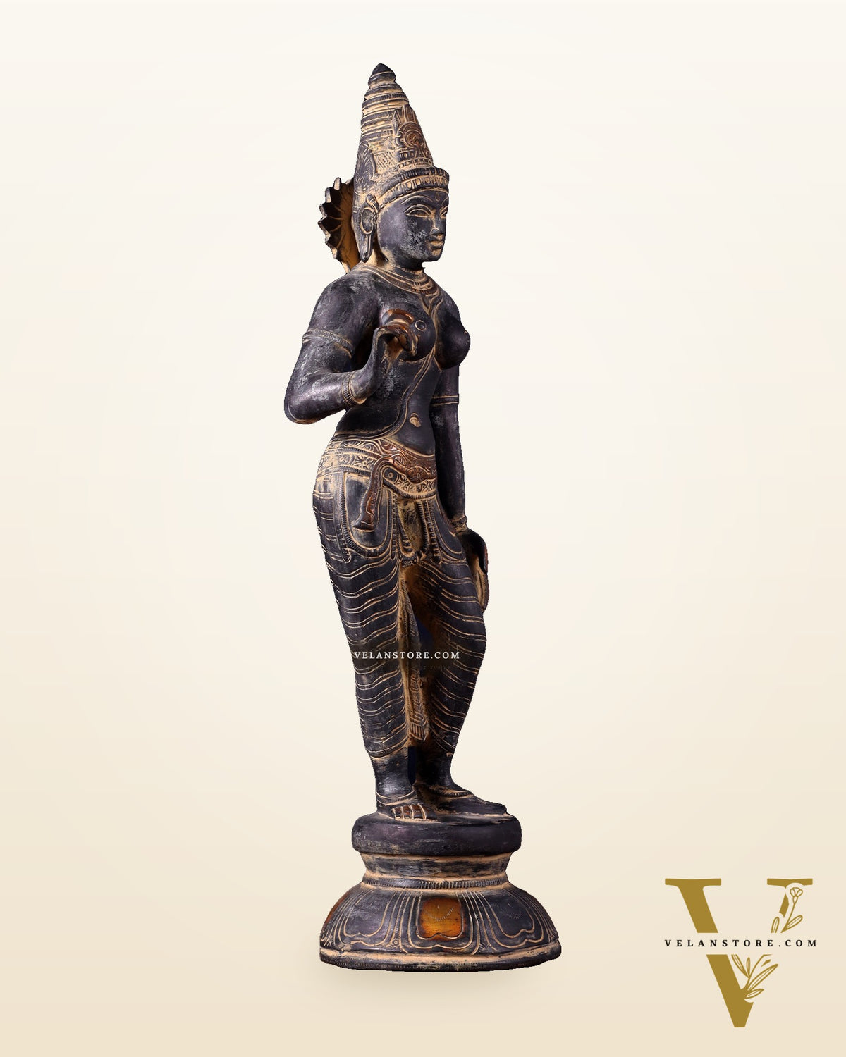 Pure Brass Bhoga Shakti Standing Uma Parvati Idol 18 inch antique patina
