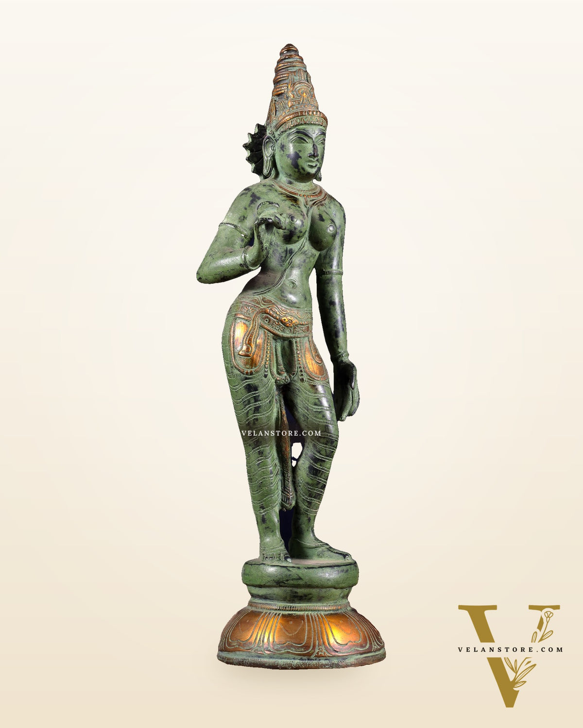 Pure Brass Bhoga Shakti Standing Uma Parvati Idol 18 inch green patina