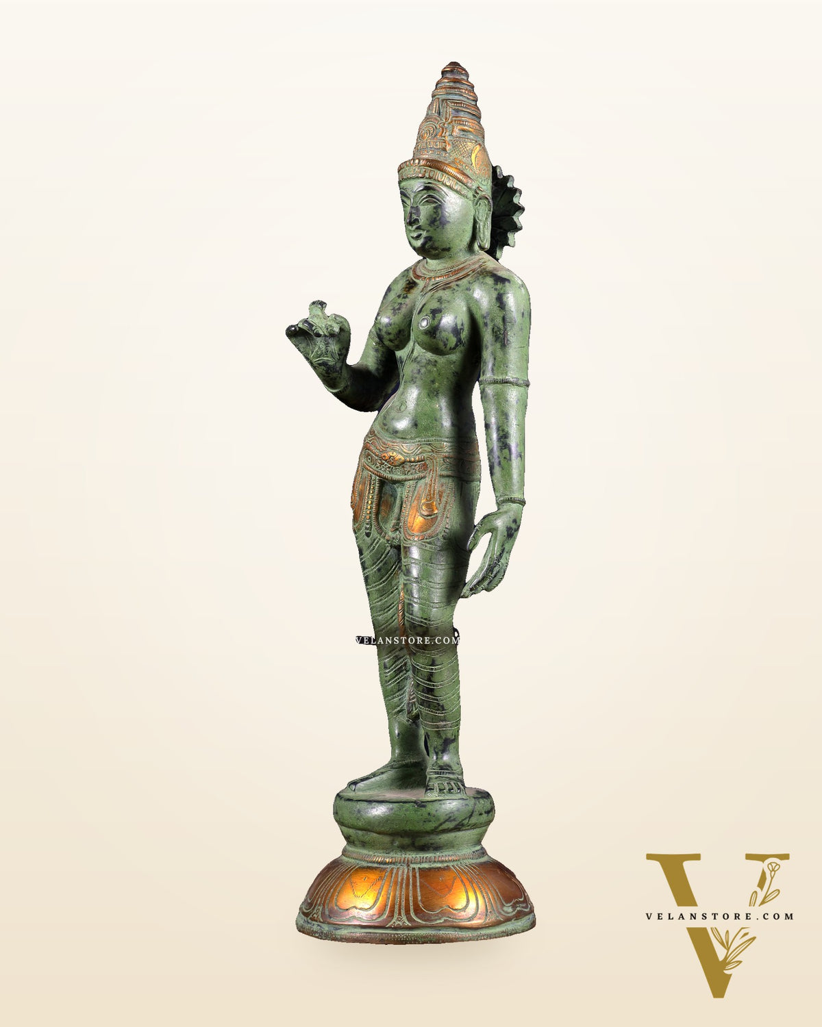 Pure Brass Bhoga Shakti Standing Uma Parvati Idol 18 inch green patina