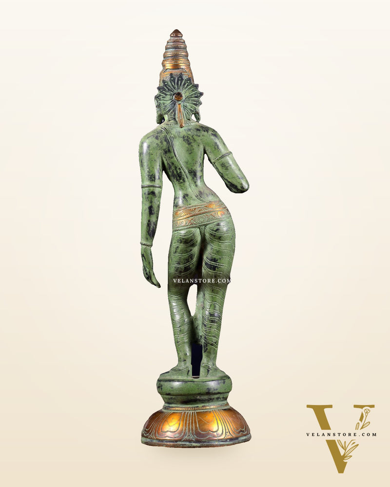 Pure Brass Bhoga Shakti Standing Uma Parvati Idol 18 inch green patina