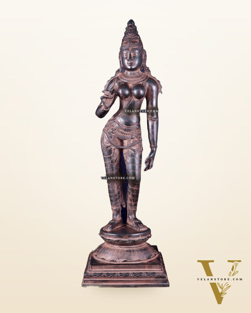 Pure Brass Bhoga Shakti Uma Parvati Standing Sculpture – 27" Height, Chola Style