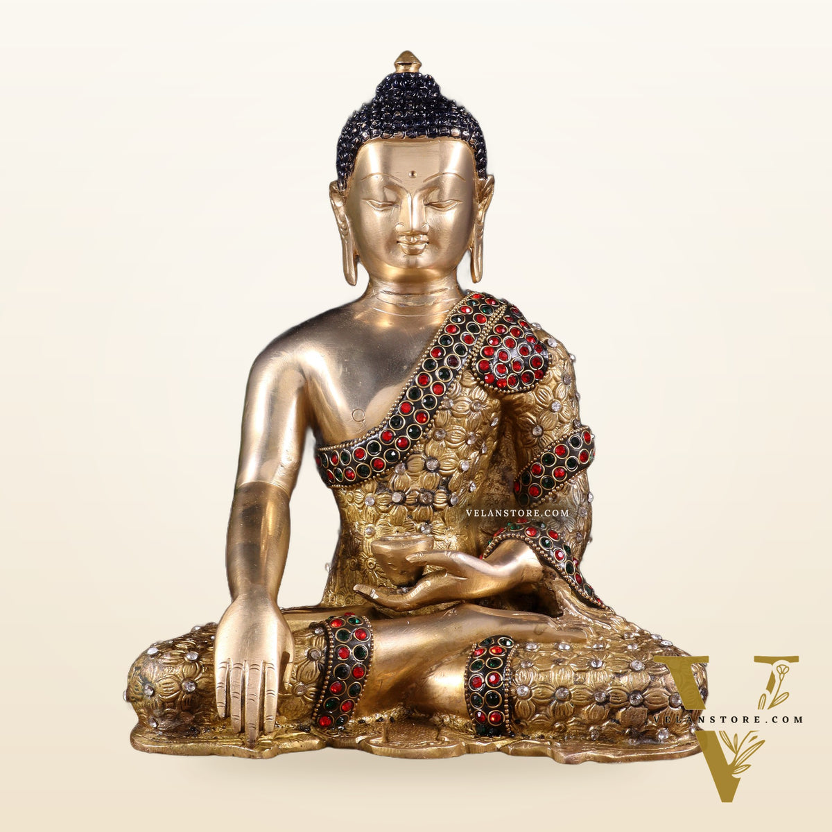 Pure Brass Bhumisparsha Buddha Statue with Nepalese Stonework – 10.5 Inch