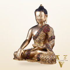 Pure Brass Bhumisparsha Buddha Statue with Nepalese Stonework – 10.5 Inch