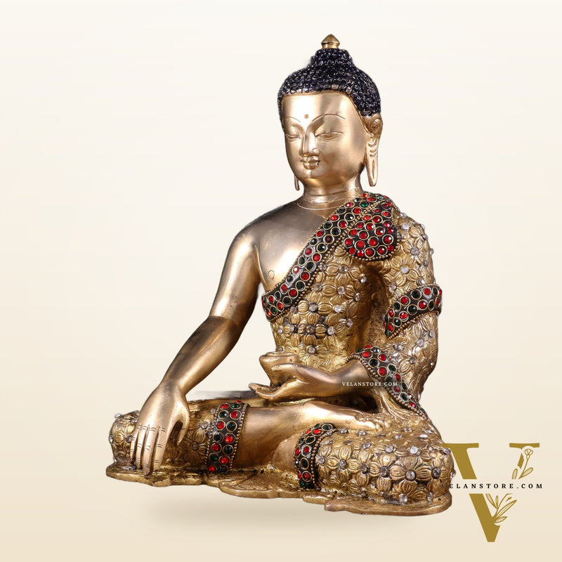 Pure Brass Bhumisparsha Buddha Statue with Nepalese Stonework – 10.5 Inch