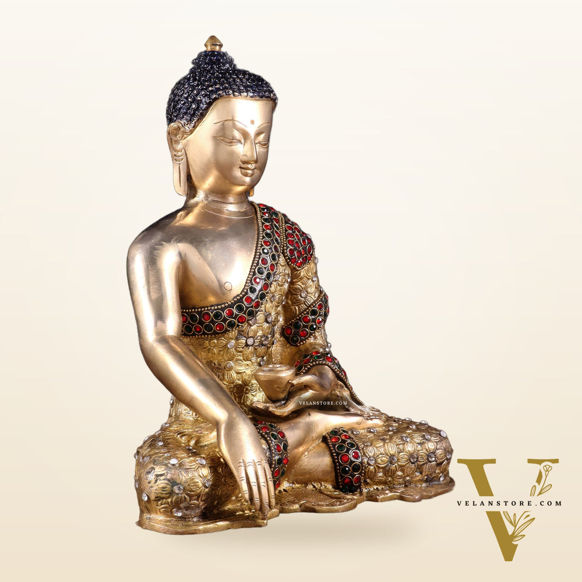 Pure Brass Bhumisparsha Buddha Statue with Nepalese Stonework – 10.5 Inch