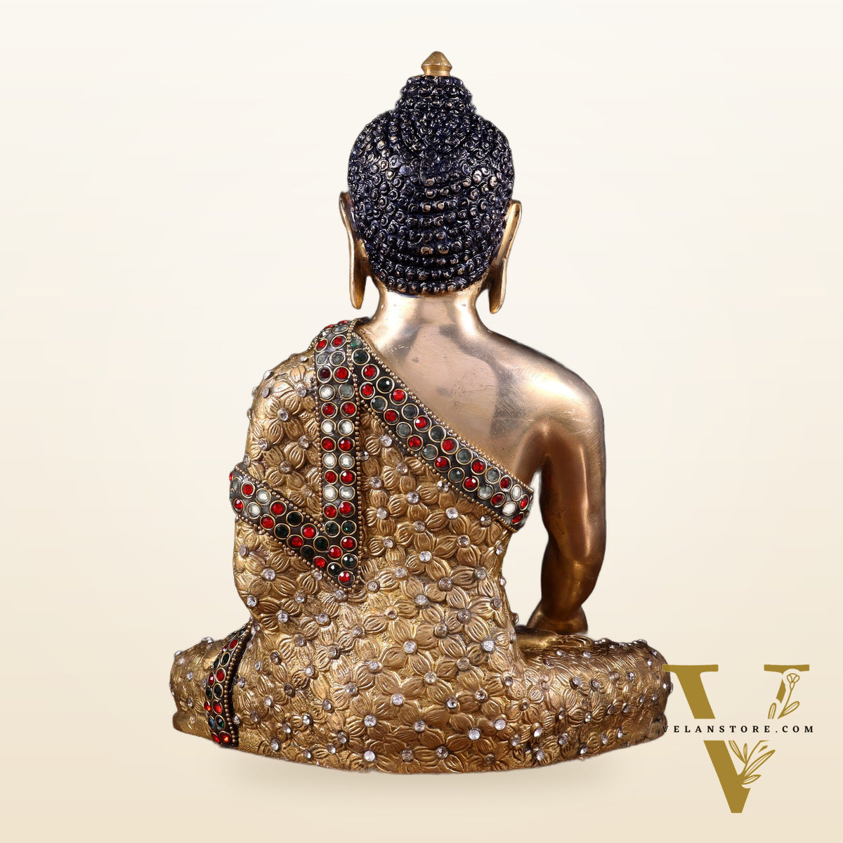 Pure Brass Bhumisparsha Buddha Statue with Nepalese Stonework – 10.5 Inch