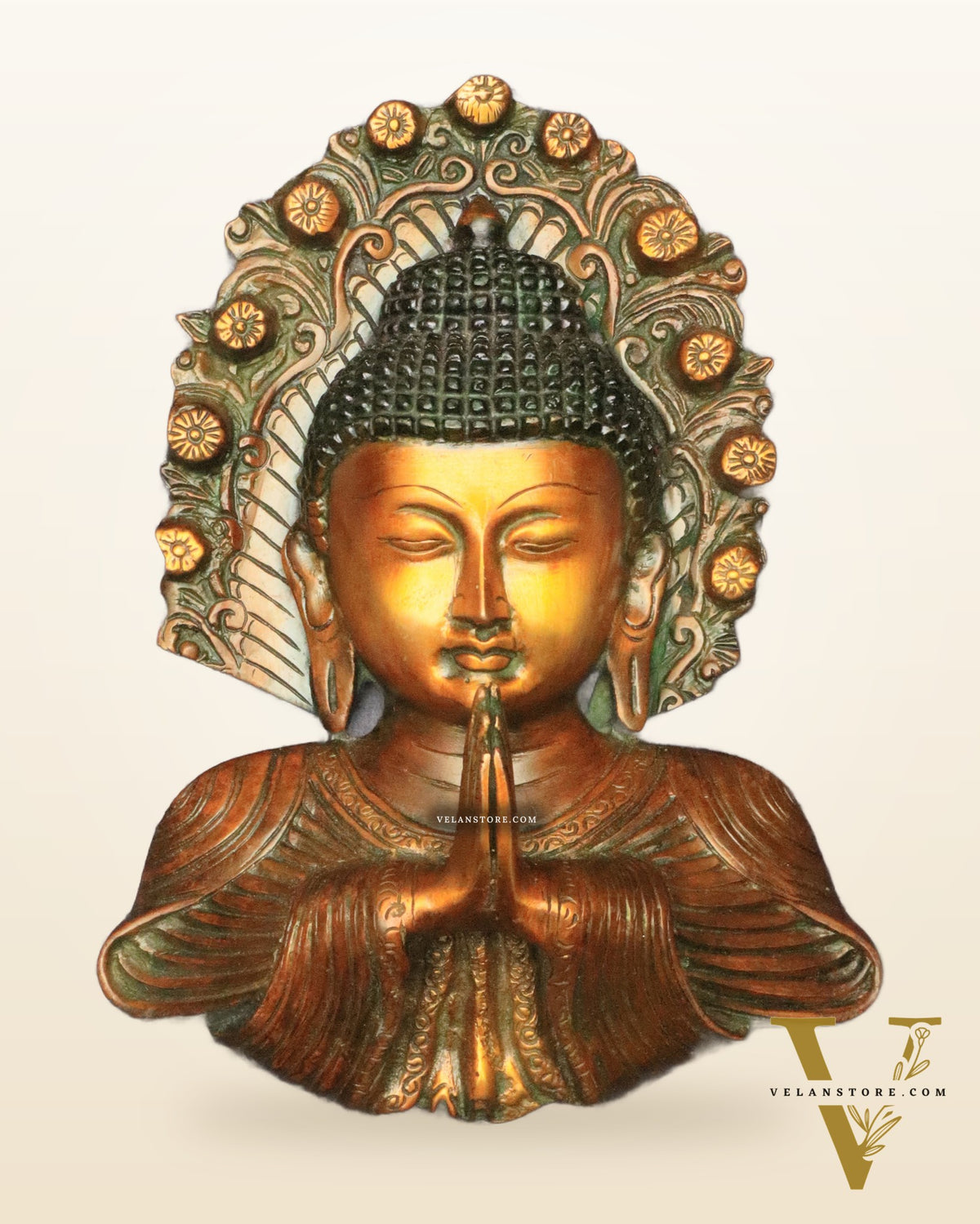 Pure Brass Big Buddha Face Namaste Wall Hanging – Vintage Dual-Tone Finish