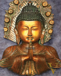 Pure Brass Big Buddha Face Namaste Wall Hanging – Vintage Dual-Tone Finish