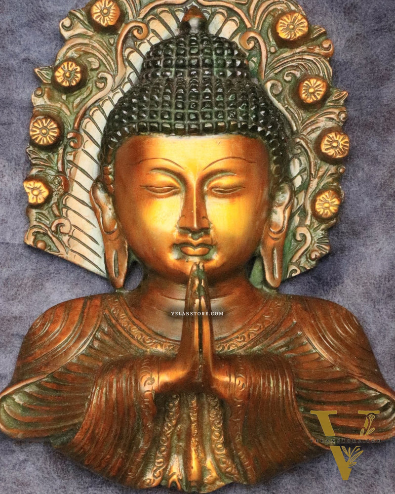 Pure Brass Big Buddha Face Namaste Wall Hanging – Vintage Dual-Tone Finish