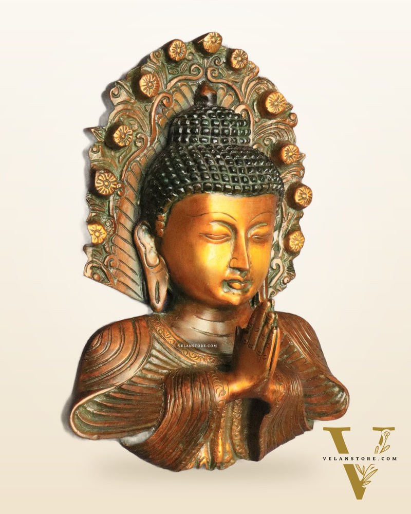 Pure Brass Big Buddha Face Namaste Wall Hanging – Vintage Dual-Tone Finish
