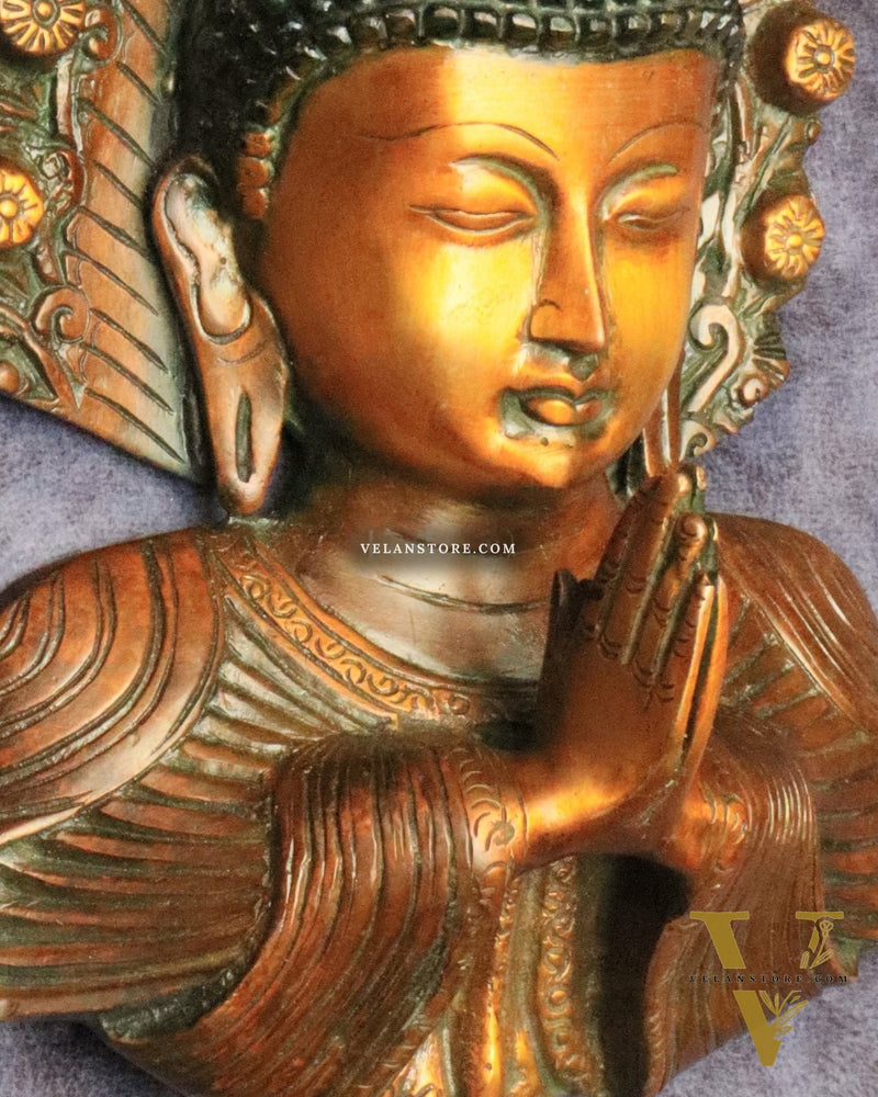 Pure Brass Big Buddha Face Namaste Wall Hanging – Vintage Dual-Tone Finish