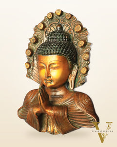 Pure Brass Big Buddha Face Namaste Wall Hanging – Vintage Dual-Tone Finish