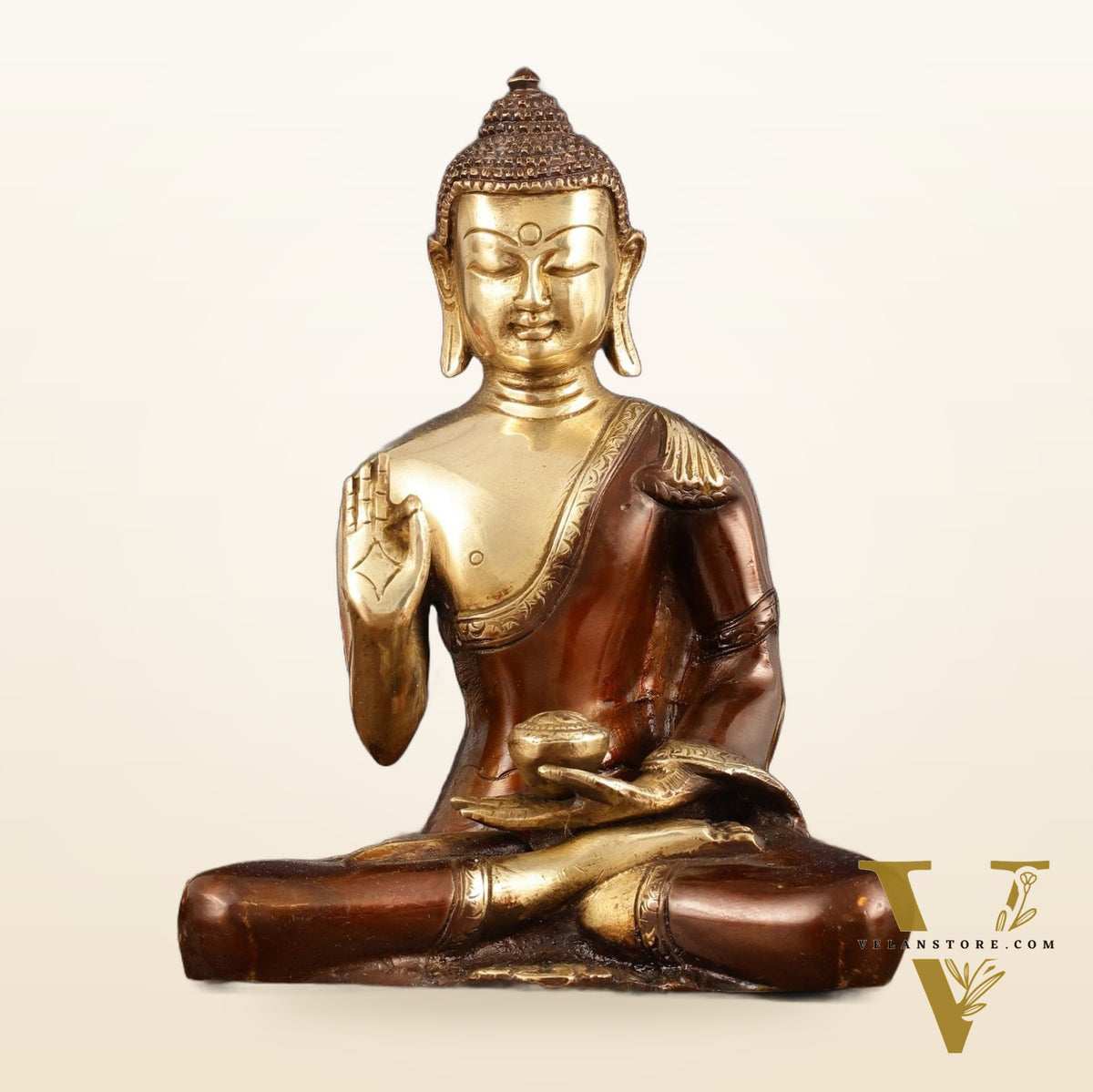 Pure Brass Blessing Buddha Idol - Dual Tone, 7.5" Height