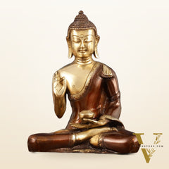 Pure Brass Blessing Buddha Idol - Dual Tone, 7.5" Height