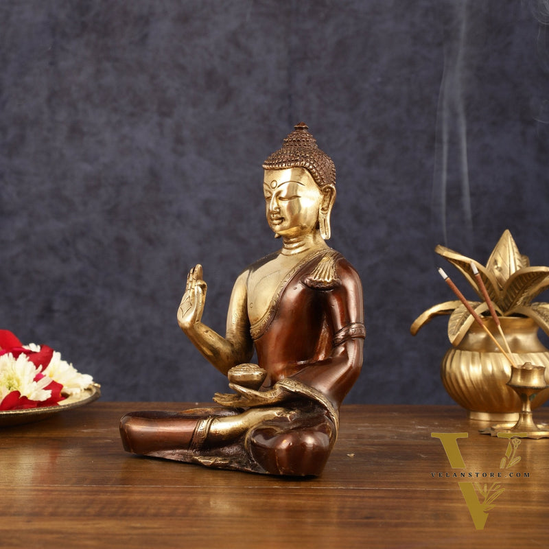 Pure Brass Blessing Buddha Idol - Dual Tone, 7.5" Height