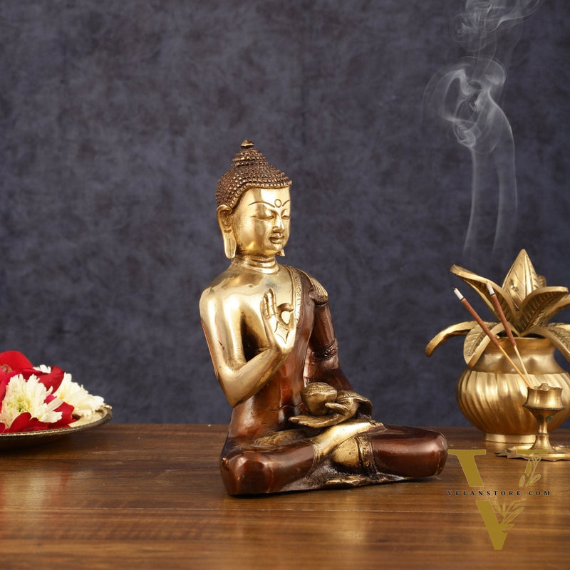 Pure Brass Blessing Buddha Idol - Dual Tone, 7.5" Height