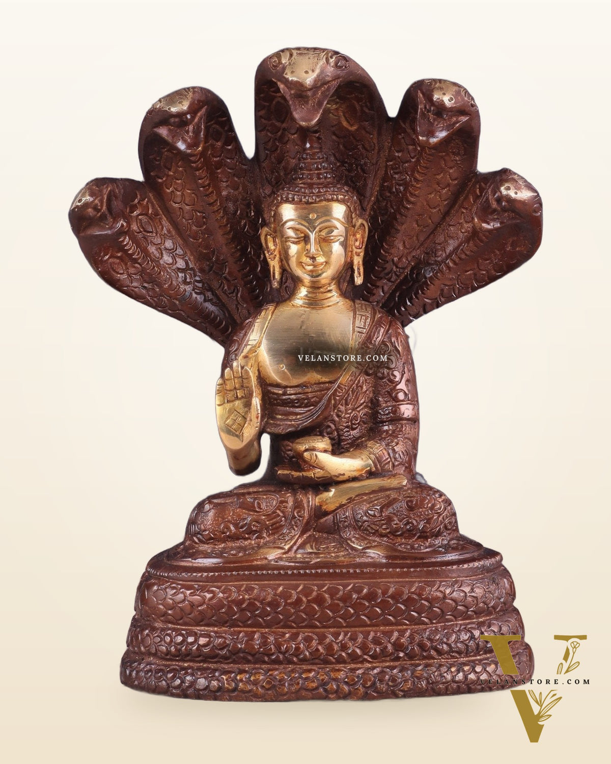 Pure Brass Blessing Buddha Idol under Serpent Muchalinda 8" dual tone