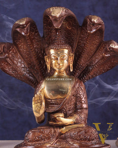 Pure Brass Blessing Buddha Idol under Serpent Muchalinda 8" dual tone