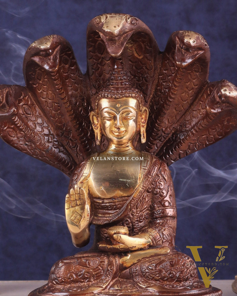 Pure Brass Blessing Buddha Idol under Serpent Muchalinda 8" dual tone