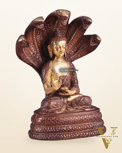 Pure Brass Blessing Buddha Idol under Serpent Muchalinda 8" dual tone