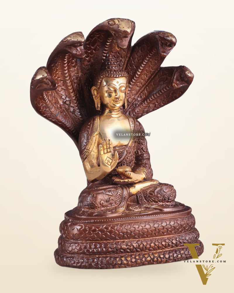 Pure Brass Blessing Buddha Idol under Serpent Muchalinda 8" dual tone