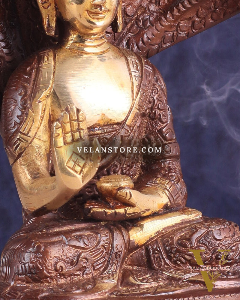 Pure Brass Blessing Buddha Idol under Serpent Muchalinda 8" dual tone