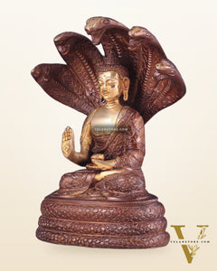 Pure Brass Blessing Buddha Idol under Serpent Muchalinda 8" dual tone