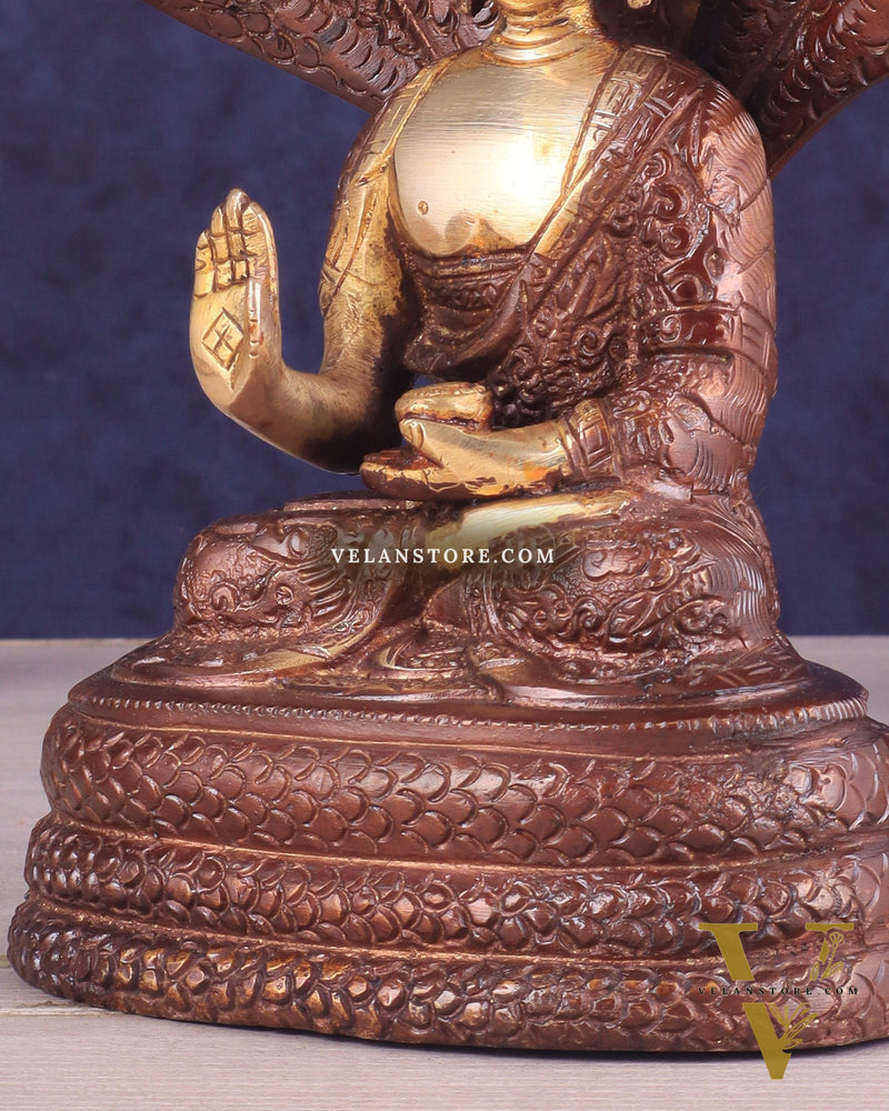 Pure Brass Blessing Buddha Idol under Serpent Muchalinda 8" dual tone