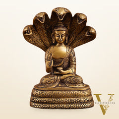 Pure Brass Blessing Buddha Idol under Serpent Muchalinda | Iconic Sculpture 8 Inch