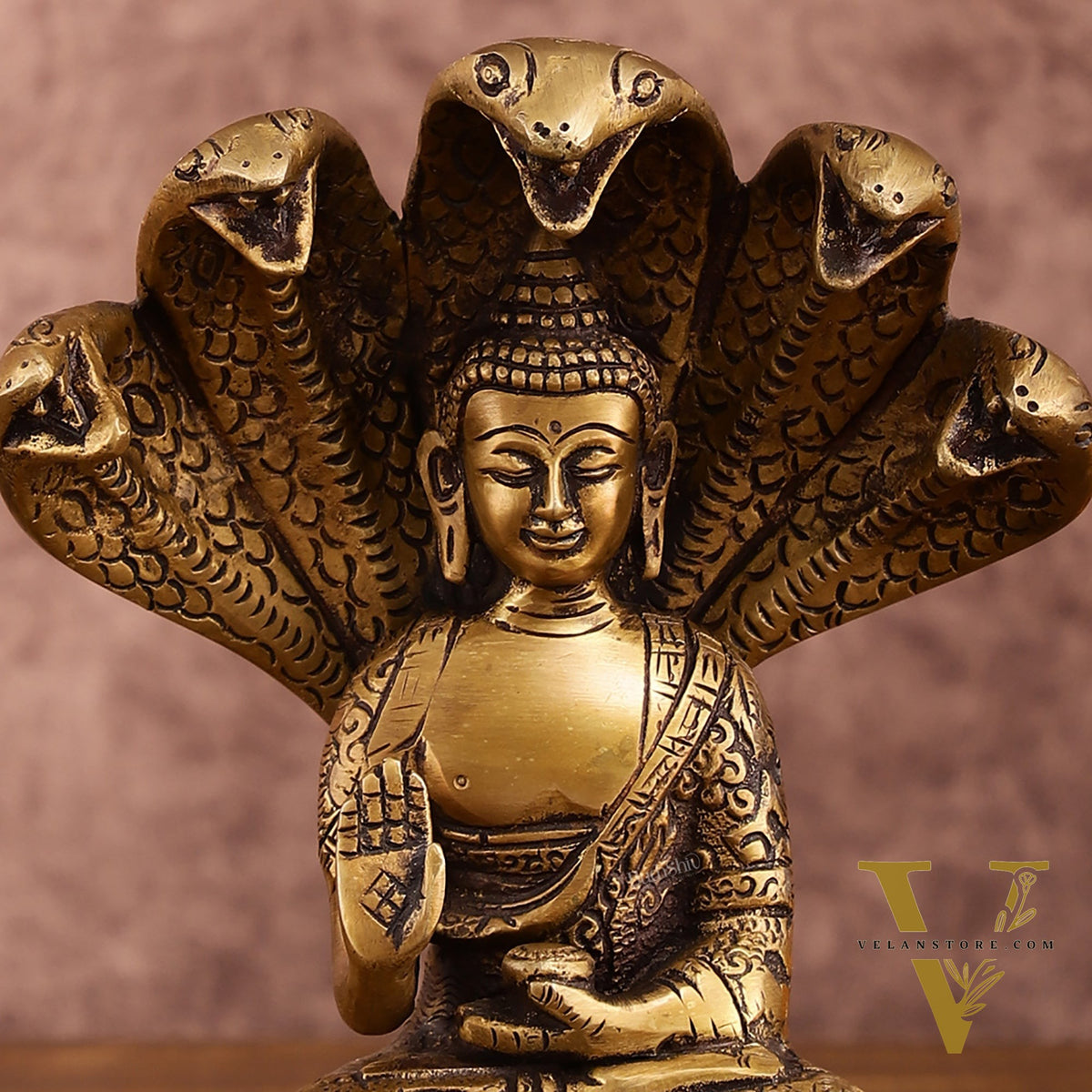 Pure Brass Blessing Buddha Idol under Serpent Muchalinda | Iconic Sculpture 8 Inch