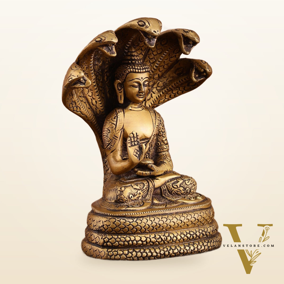 Pure Brass Blessing Buddha Idol under Serpent Muchalinda | Iconic Sculpture 8 Inch