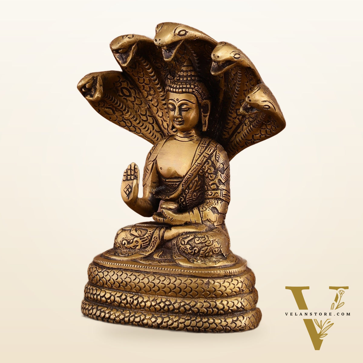 Pure Brass Blessing Buddha Idol under Serpent Muchalinda | Iconic Sculpture 8 Inch